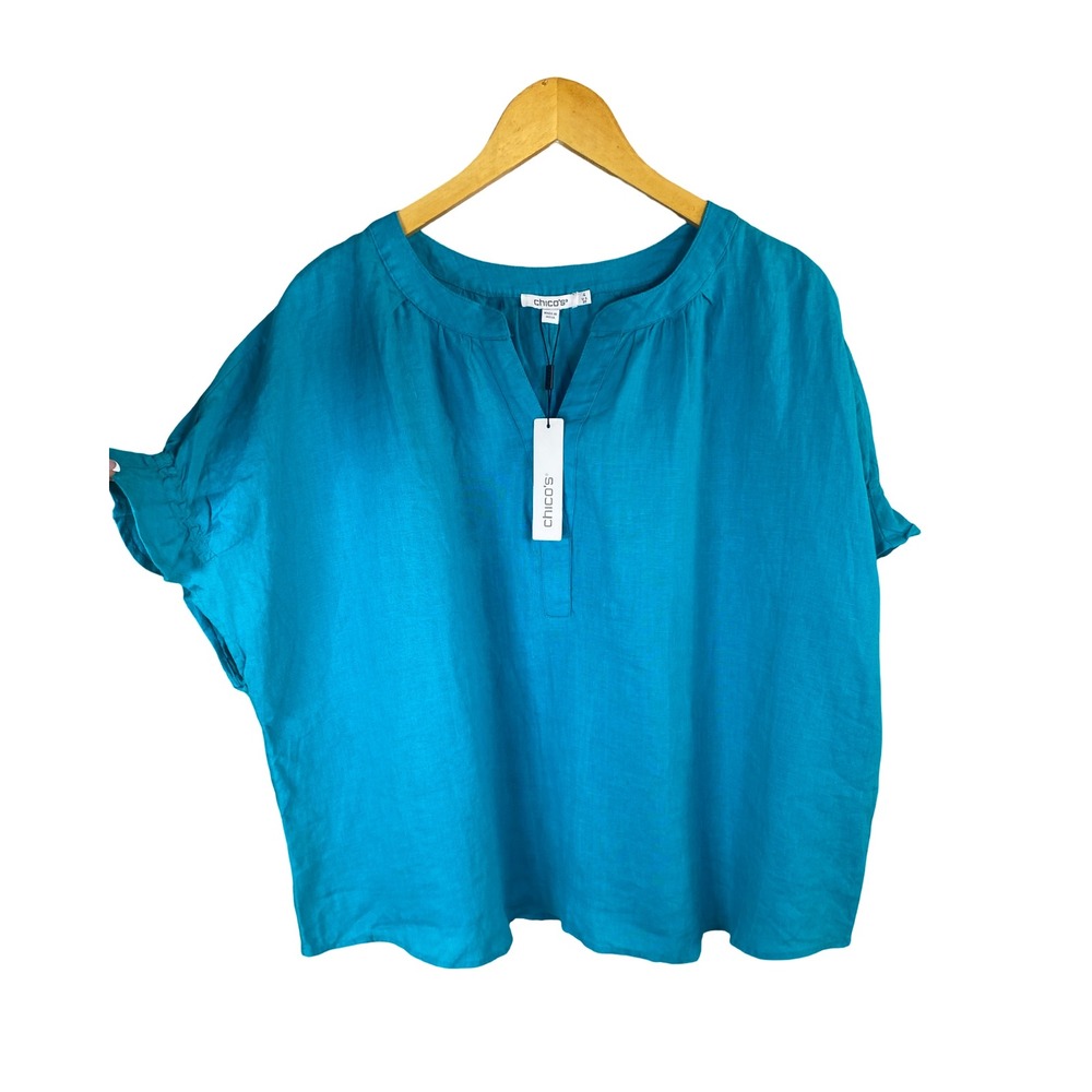 Chico's 100% Linen Size 4 Flutter Sleeve Top Blue Teal V-Neck Blouse XXL 20 NEW